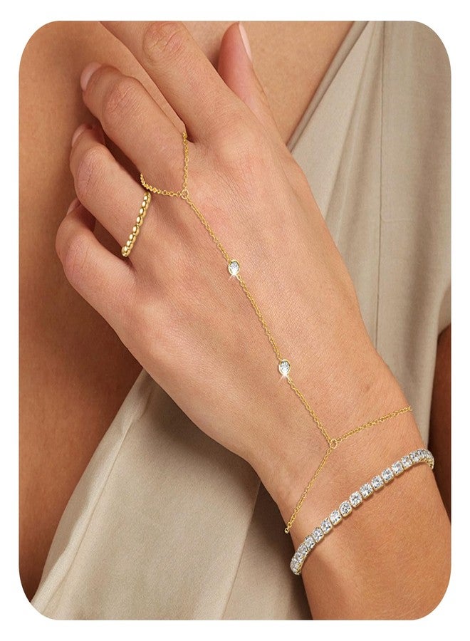 MOINSPIRE Gold Hand Chain Bracelet for Women-3PCS 14K Gold Plated Trendy Dainty Adjustable Stackable Tennis Link Ring Bracelet Hand Chain, Elastic Beaded Rings Non Tarnish Jewelry Gift for Women - Image 2